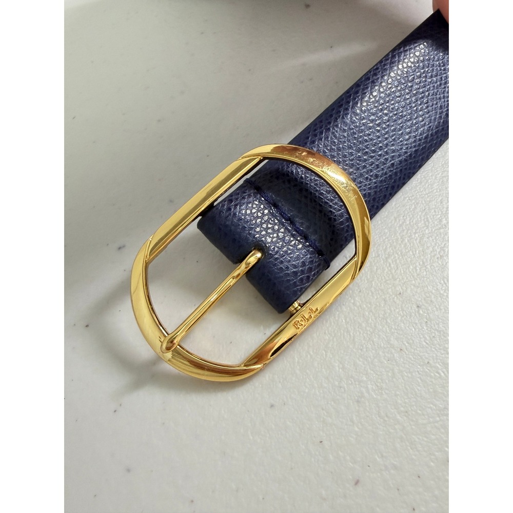 Ralph Lauren Minimalist Navy Blue Pebbled Leather Gold Oval Buckle Belt XL - Picture 2 of 7